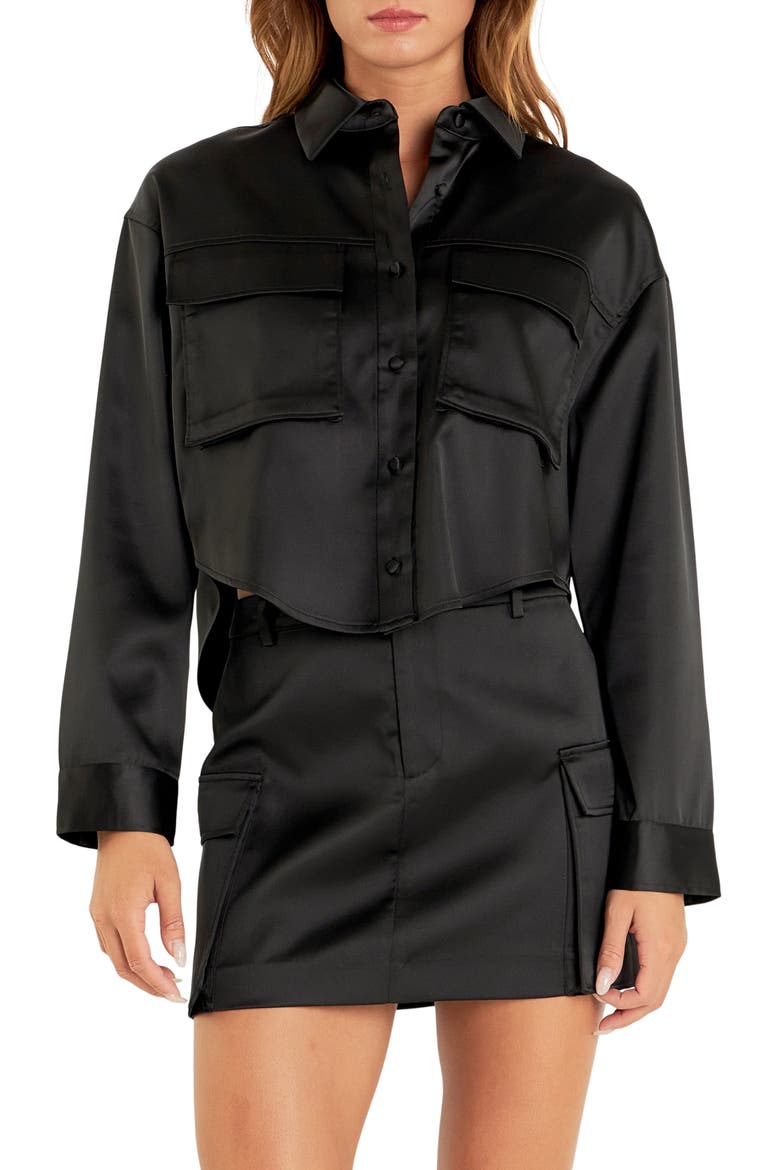 Pocket Detail Crop Satin Shirt, Main, color, BLACK