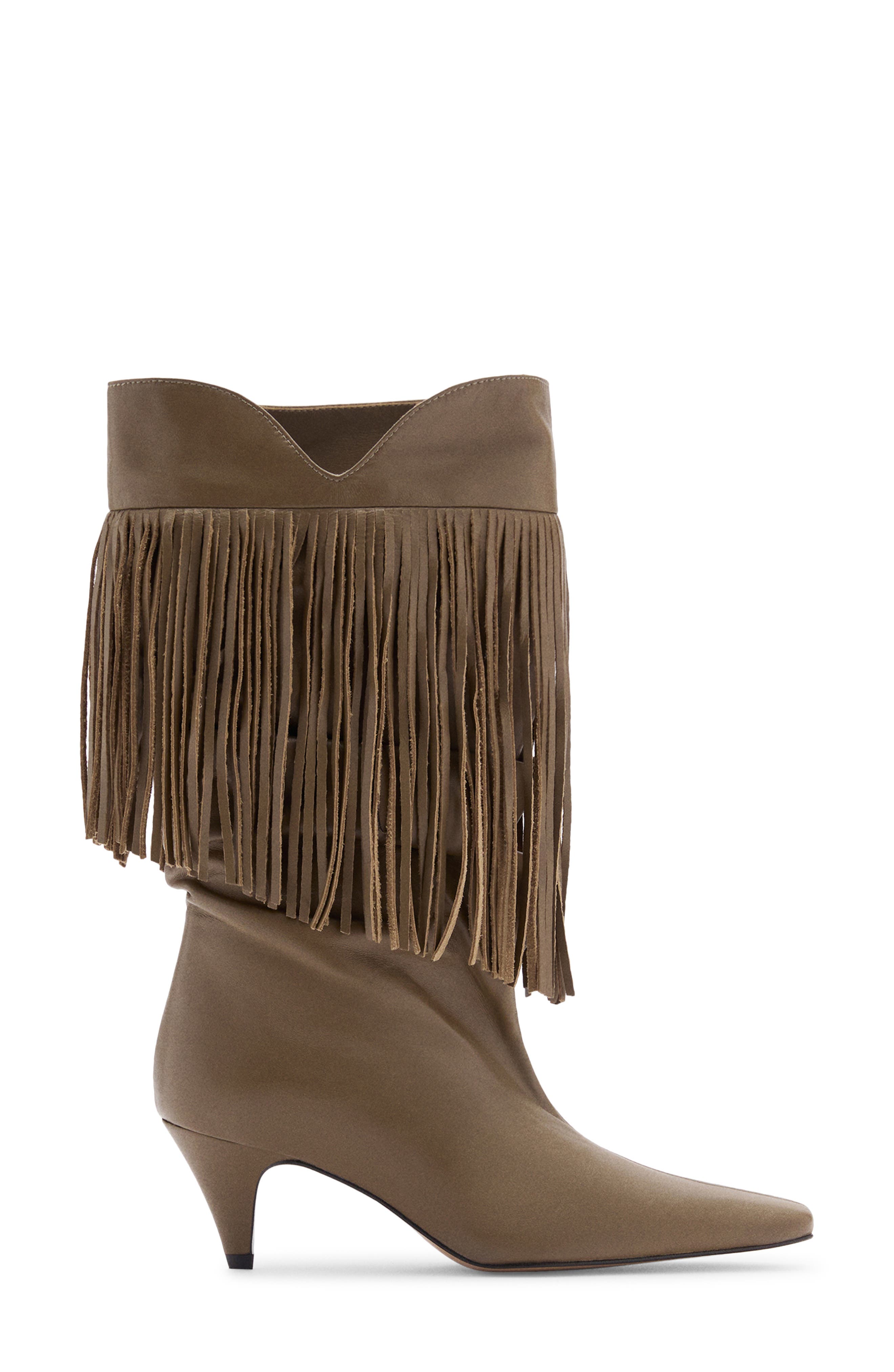 MANGO Fringe Kitten Heel Bootie, Alternate, color, Khaki Green