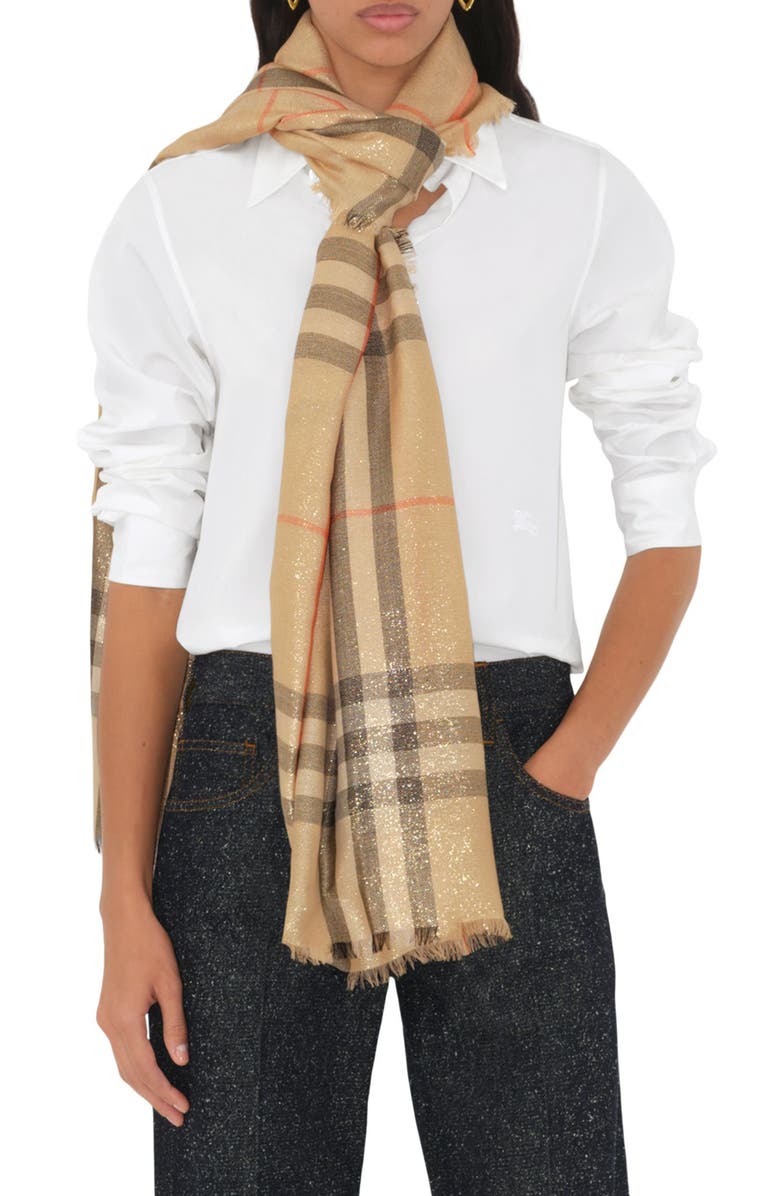 Burberry Metallic Wool & Silk Scarf, Alternate, color, Sand