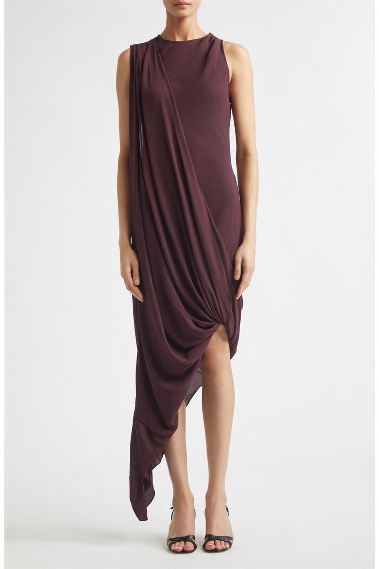 Asymmetric Drape Georgette Midi Dress, Main, color, ACAI