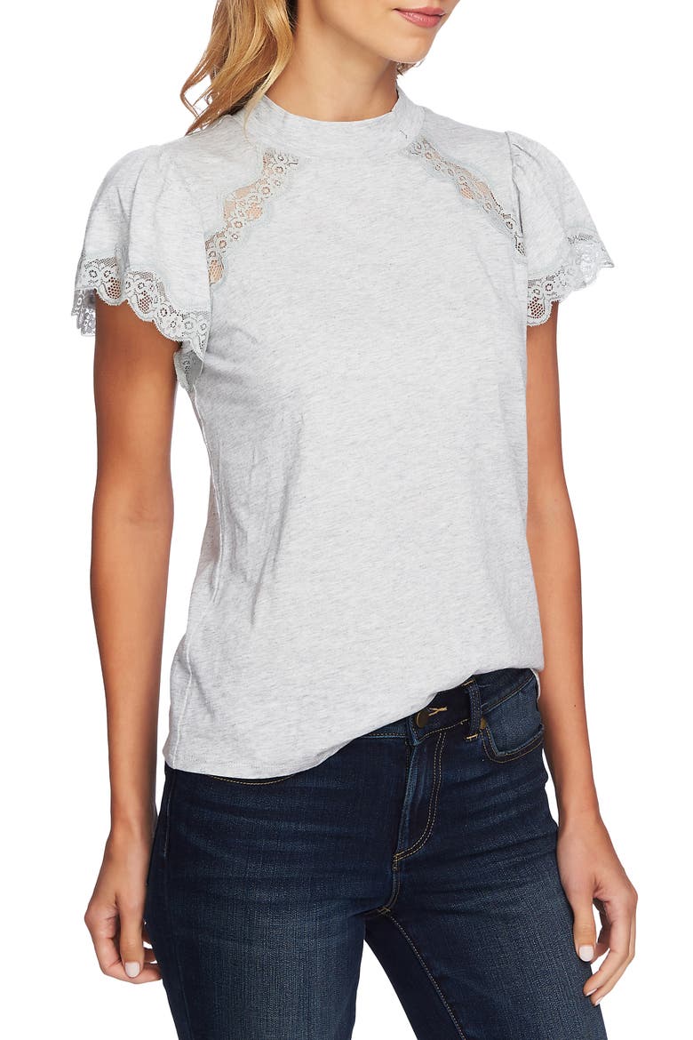 Mock Neck Knit & Lace Top, Alternate, color, GREY HEATHER