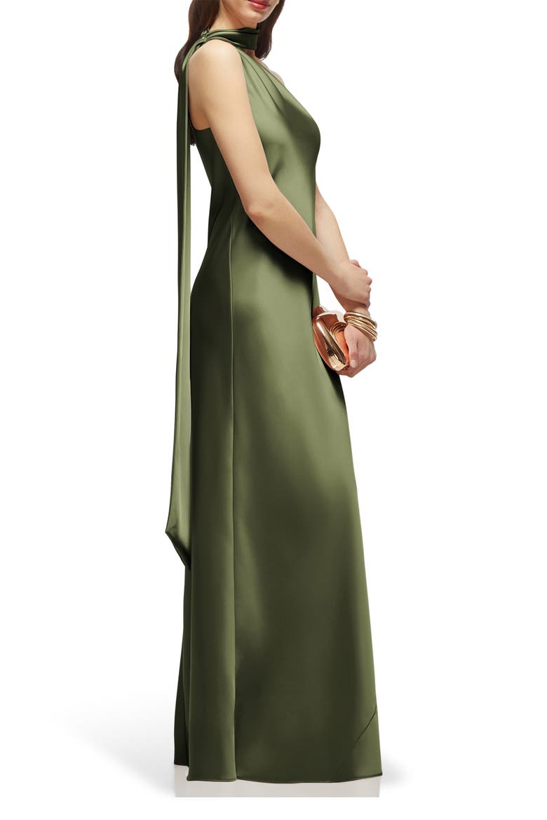 Scarf Detail One-Shoulder Satin Charmeuse Column Gown, Alternate, color, OLIVE GREEN
