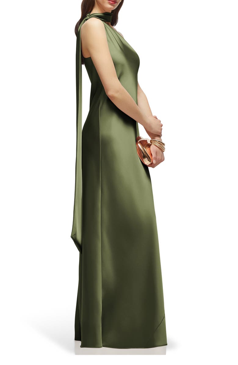After Six Scarf Detail One-Shoulder Satin Charmeuse Column Gown, Alternate, color, Olive Green