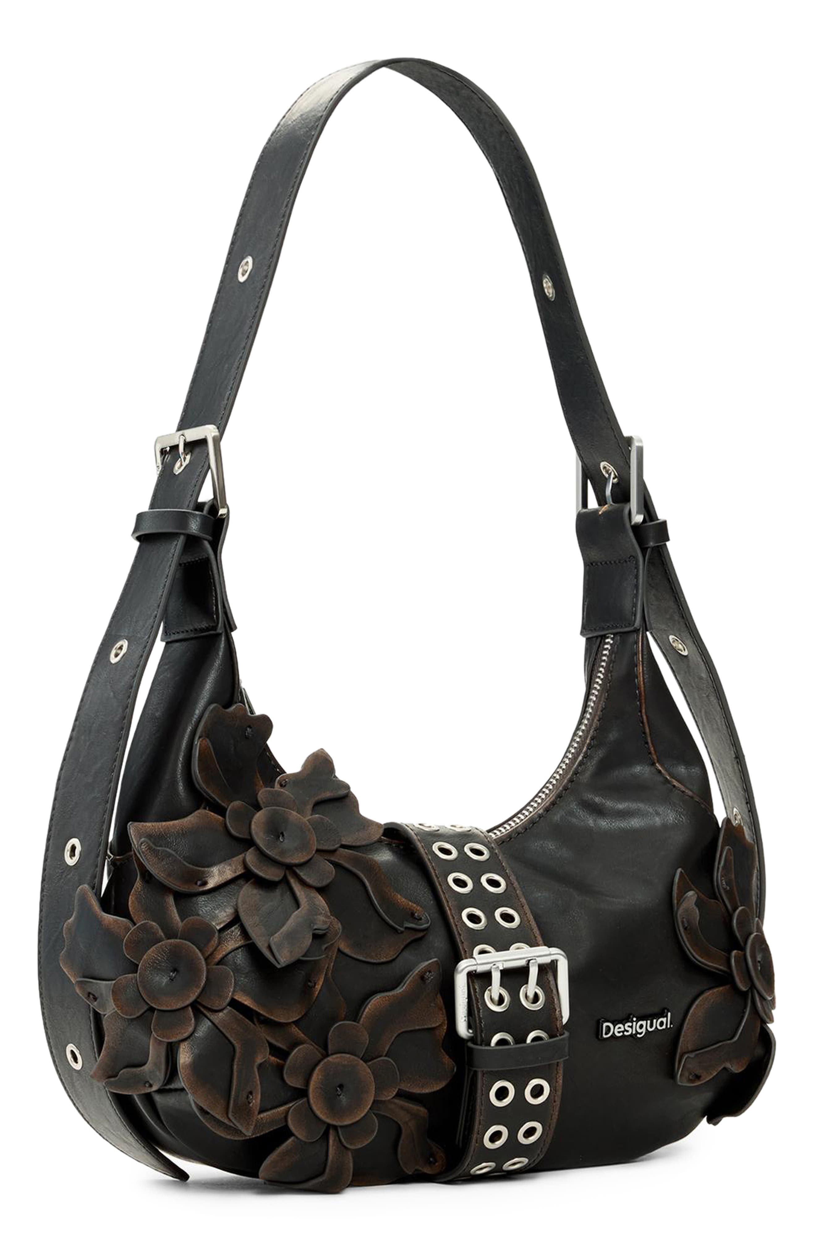 Desigual Floral Appliqué Faux Leather Shoulder Bag, Alternate, color, 