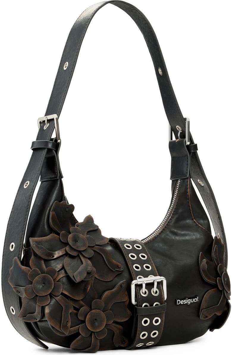 Desigual Floral Appliqué Faux Leather Shoulder Bag, Alternate, color,