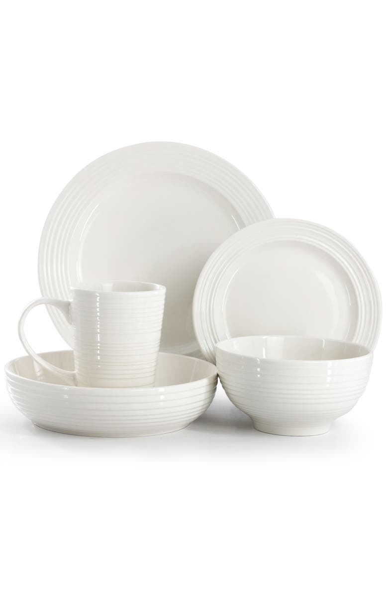 Elama Nikki 18 Piece Ribbed White Porcelain Dinnerware and Serving Bowl Set, Alternate, color, White