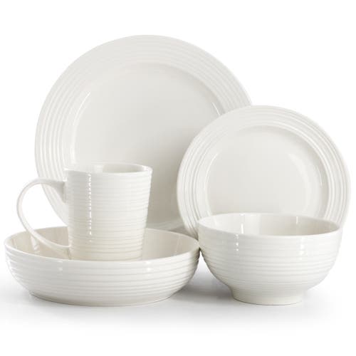 Elama Nikki 18 Piece Ribbed White Porcelain Dinnerware And Serving Bowl Set In White