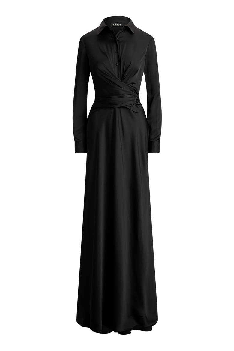 Featherweight Satin Charmeuse Shirtdress Gown, Alternate, color, BLACK