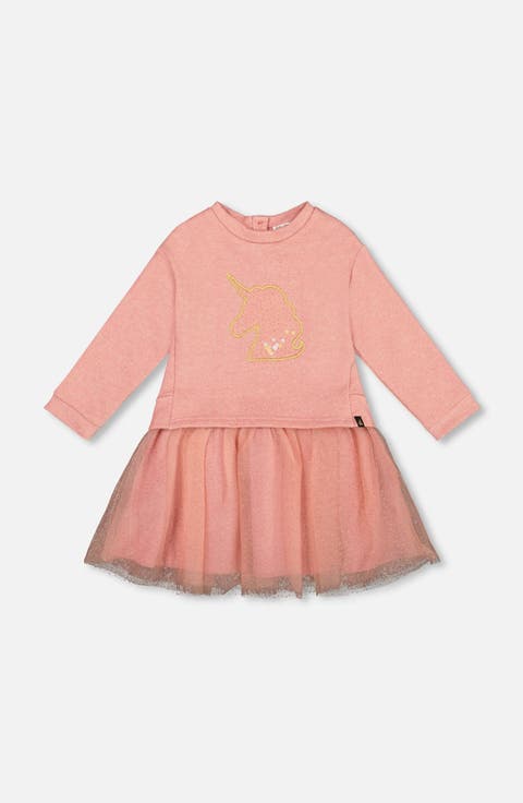 Bi-Material Dress with Mesh Skirt and Unicorn (Little Kid & Big Kid)