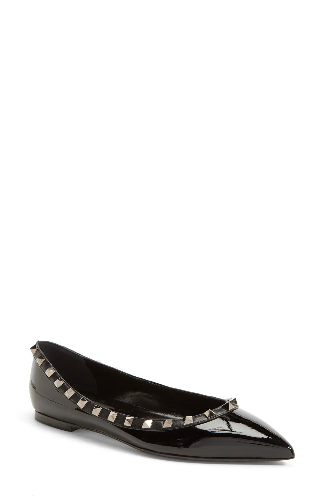 Rockstud Pointed Toe Flat, Main, color, BLACK PATENT