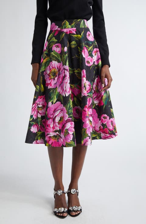 Peony Print Pleated Stretch Jacquard Skirt