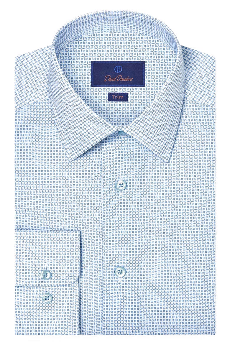 Trim Fit Stretch Micro Neat Print Dress Shirt, Main, color, WHITE/ BLUE
