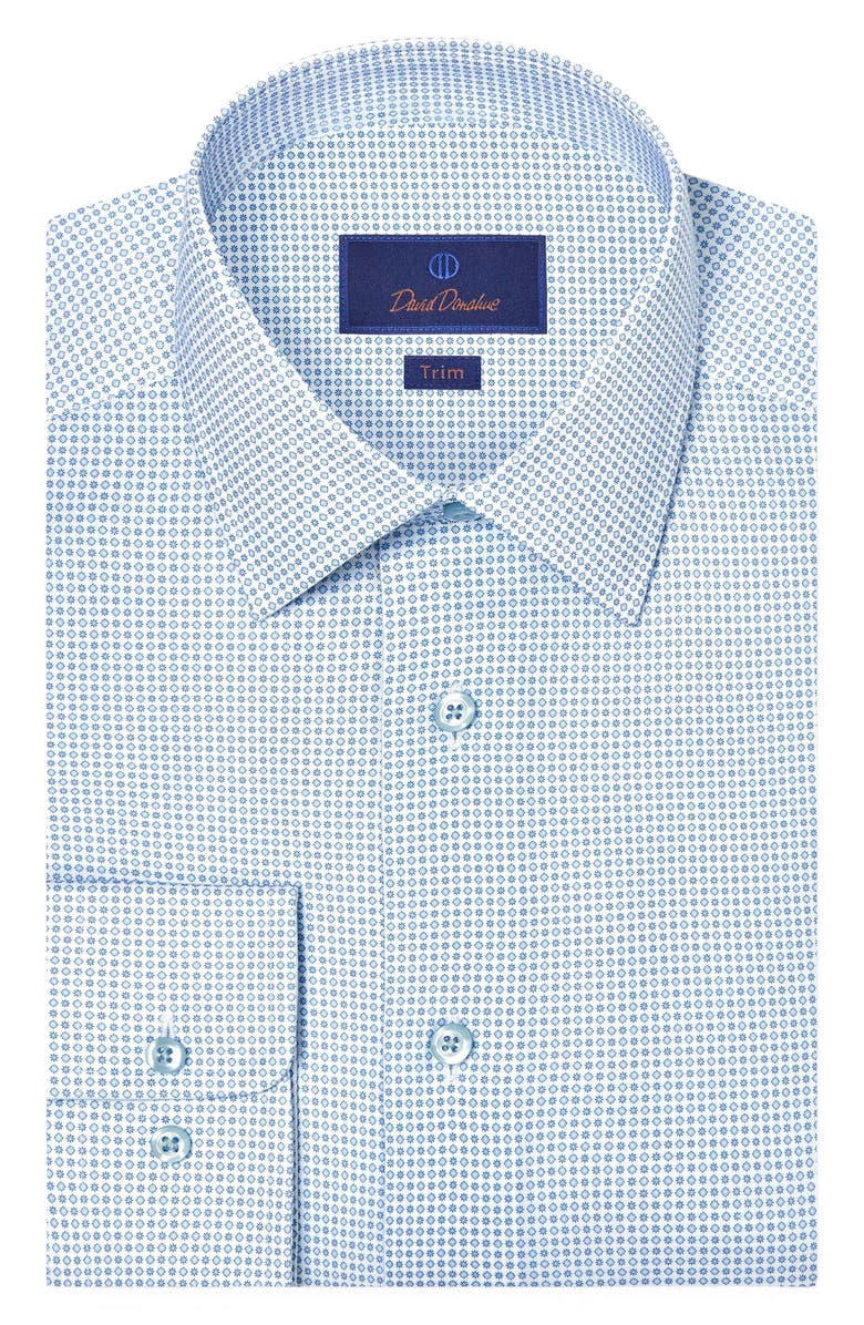 David Donahue Trim Fit Light Light Blue Micromedallion Stretch Cotton Twill Dress Shirt, Main, color, White/ Blue