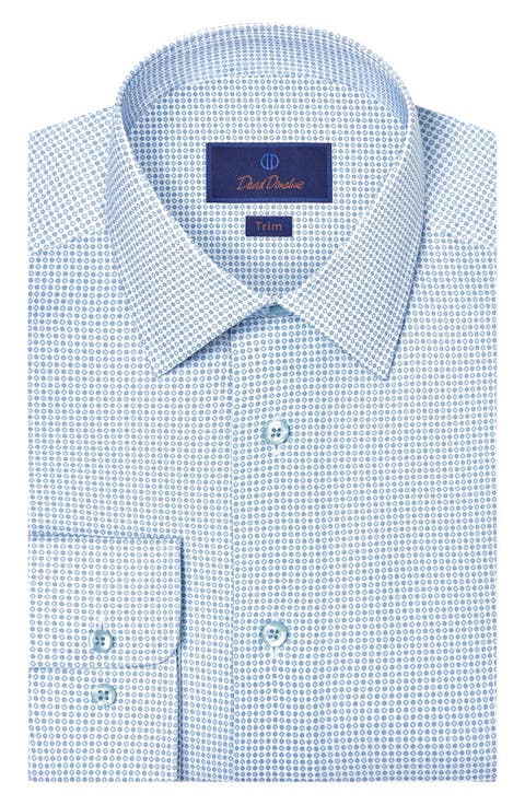 Trim Fit Light Light Blue Micromedallion Stretch Cotton Twill Dress Shirt