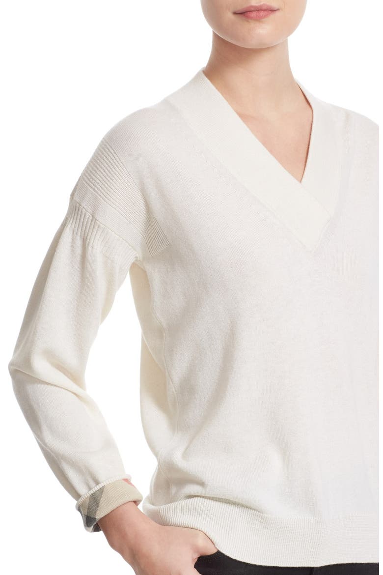 Check Print Cuff V-Neck Cashmere Blend Sweater, Main, color, NATURAL WHITE