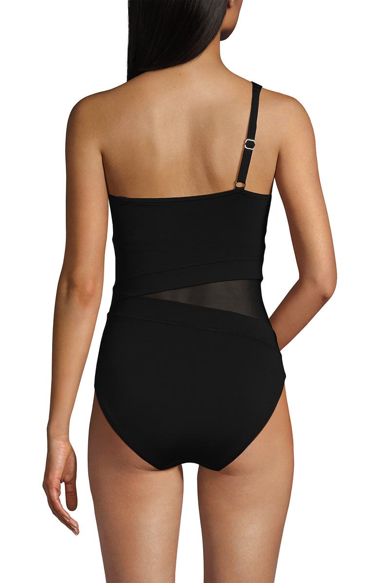 Lands' End Chlorine Resistant Smoothing Control Mesh High Leg One Shoulder One Piece Swimsuit, Alternate, color, Black