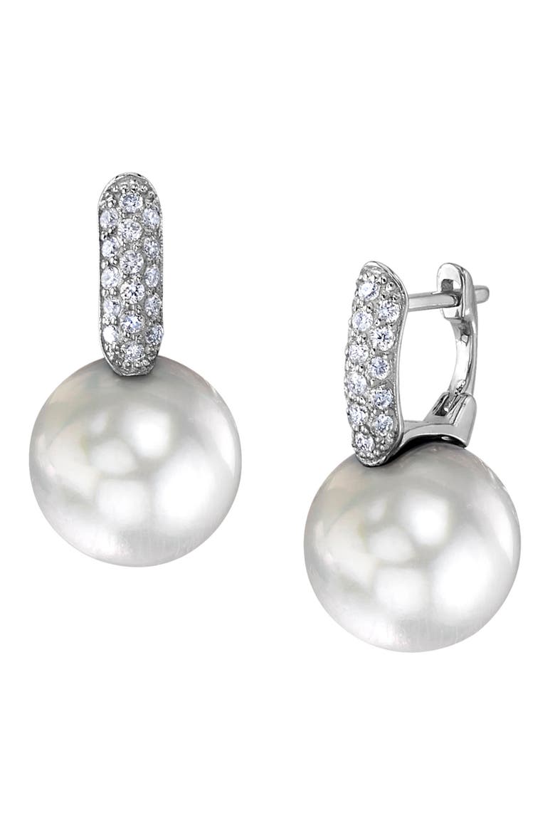 White South Sea Pearl & Diamond Huggie Emily Earrings, Main, color, White Gold