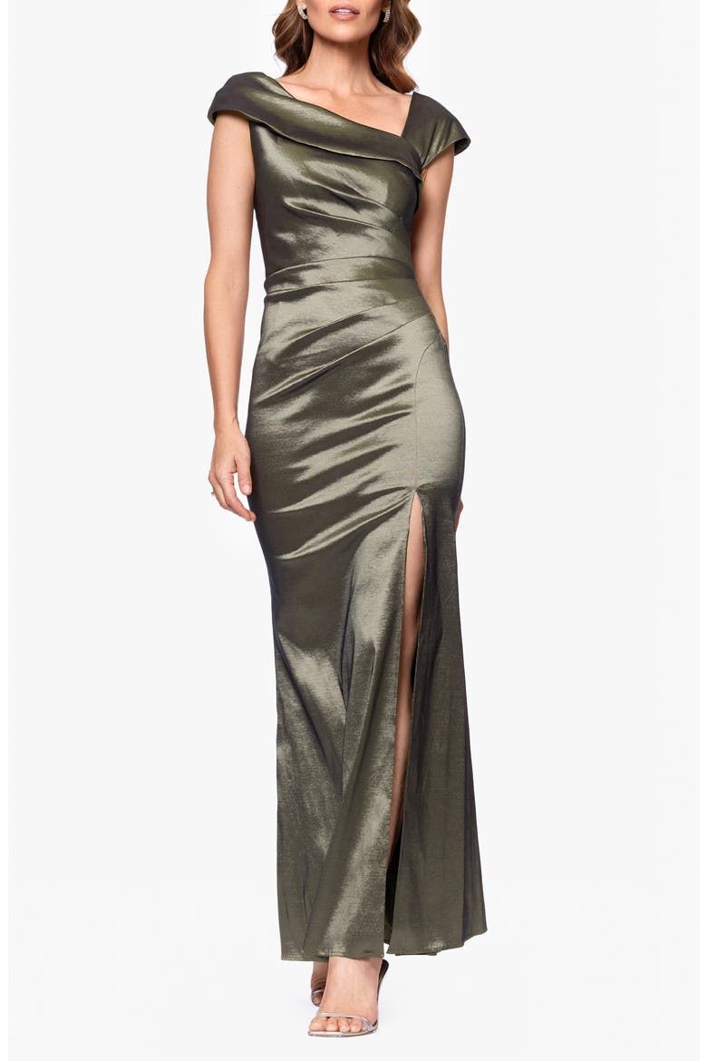 Asymmetric Neck Ruched Taffeta Gown, Main, color, OLIVE
