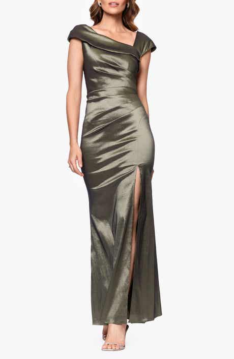 Asymmetric Neck Ruched Taffeta Gown