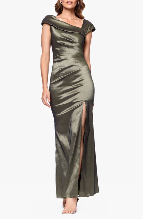 Xscape Evenings Asymmetric Neck Ruched Taffeta Gown (Petite)
