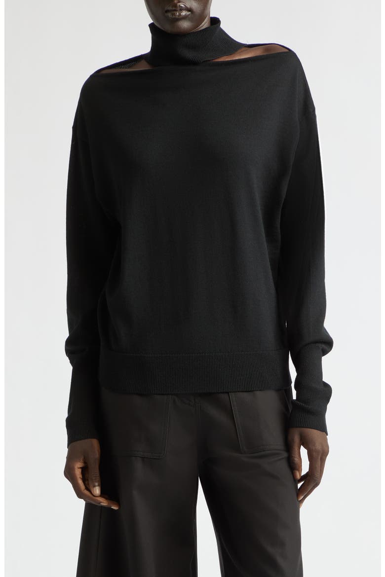 Shoulder Cutout Merino Wool Sweater, Main, color, BLACK