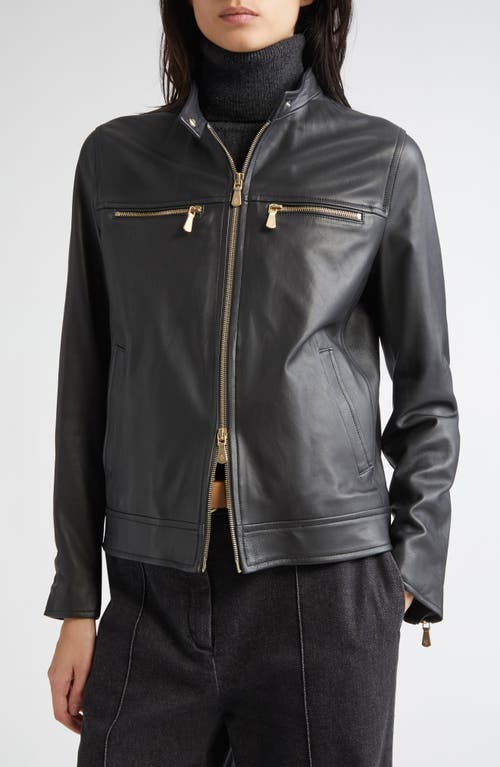 Eleventy Leather Biker Jacket With Removable Hooded Bib In Black