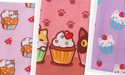 Tiramisu Kawaii Cupcake Cat Cotton Kitchen Towel Set In Multi