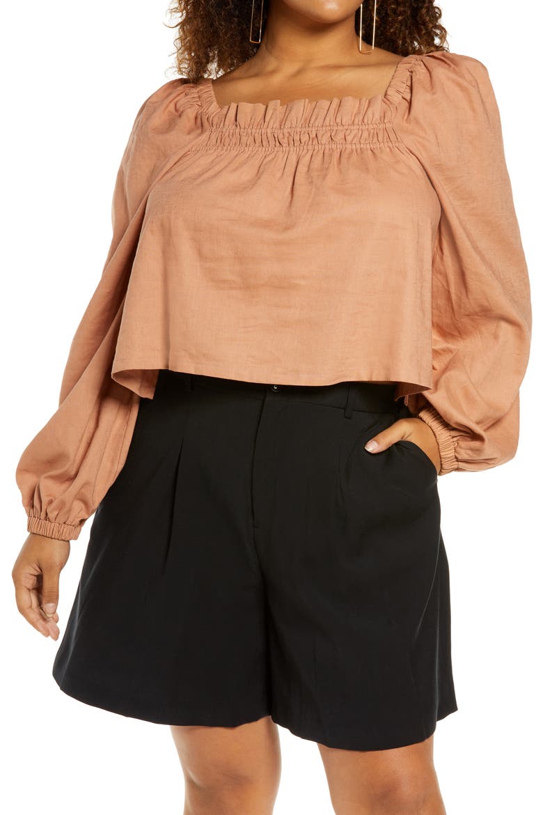 Linen Blend Babydoll Crop Blouse, Main, color, TAN MOCHA