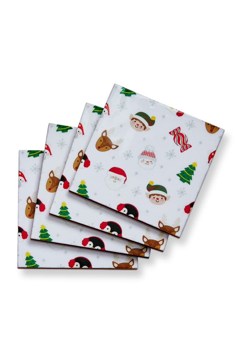 Christmas Holiday Cheer Bar Coaster Set 4 Multi MDF Enamel 4x4x0.25 in, Main, color, White