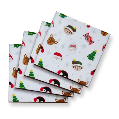 Christmas Holiday Cheer Bar Coaster Set 4 Multi MDF Enamel 4x4x0.25 in