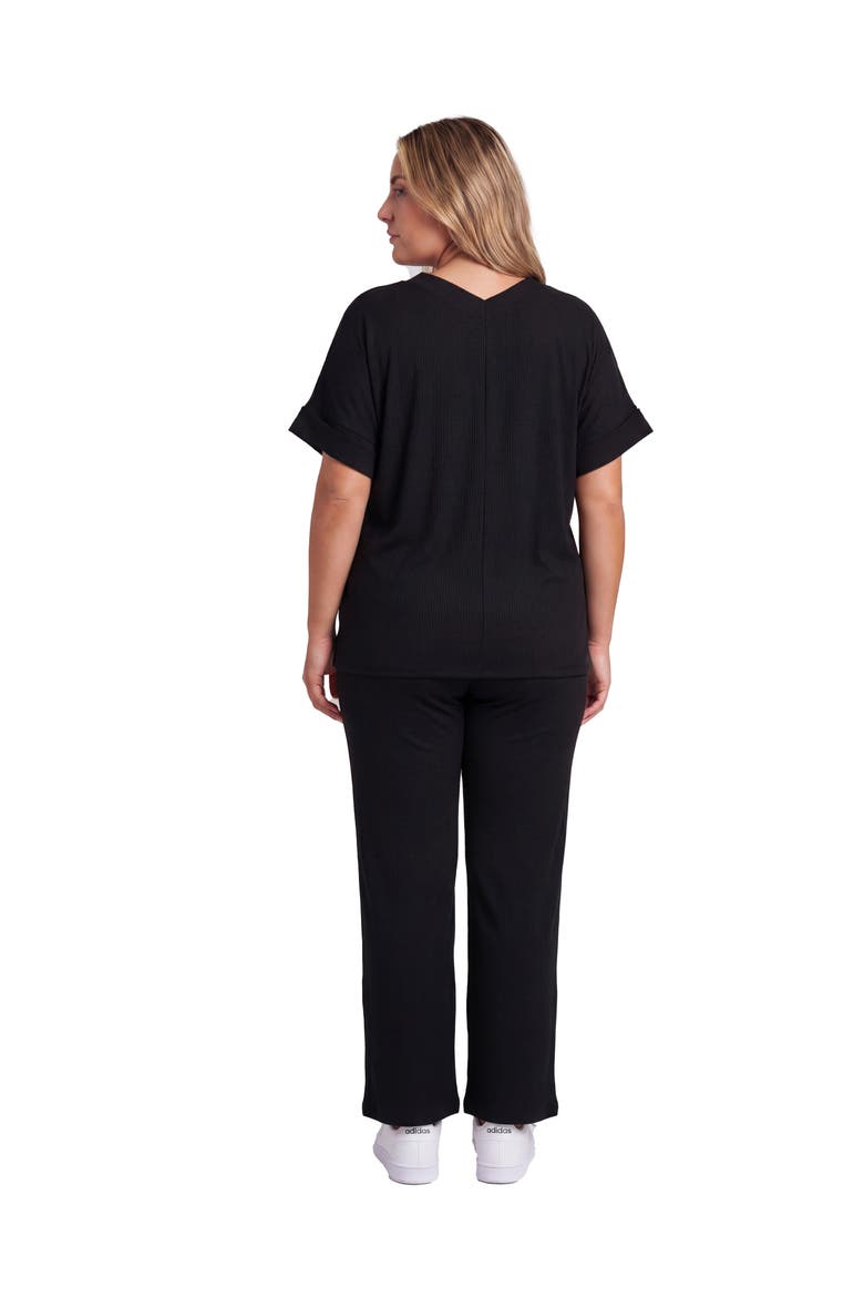 Curvy Basic Ribbed Knit Dolman Sleeve V-Neck Top and Drawstring Wide Leg Pant Set, Alternate, color, Black