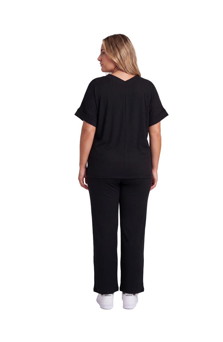 24seven Comfort Apparel Curvy Basic Ribbed Knit Dolman Sleeve V-Neck Top and Drawstring Wide Leg Pant Set, Alternate, color, Black