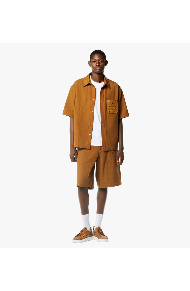 MCM Shirt in Cotton and Monogram Print Leather, Alternate, color, Cognac