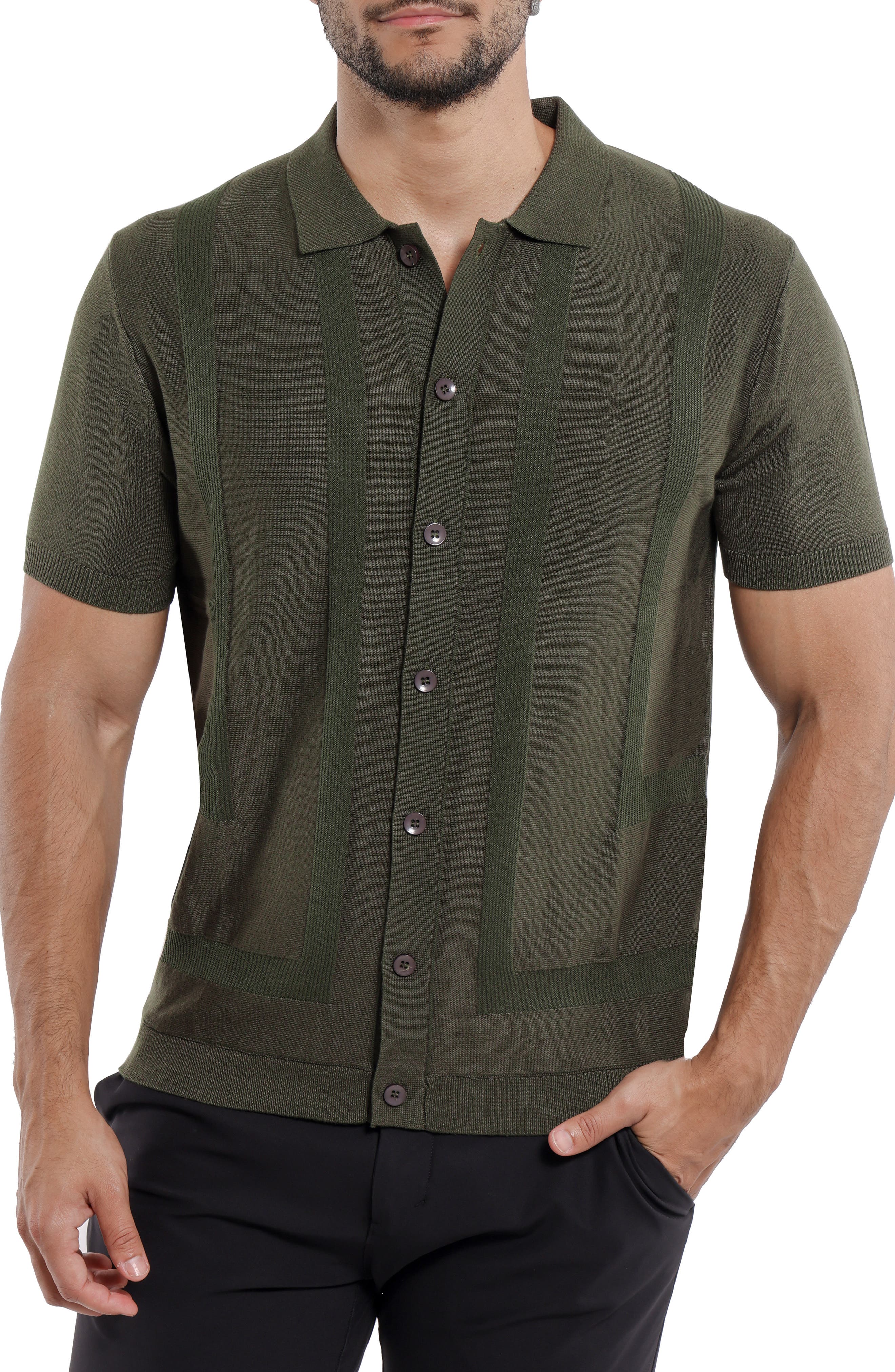 Textured Short Sleeve Button-Up Sweater - image 3