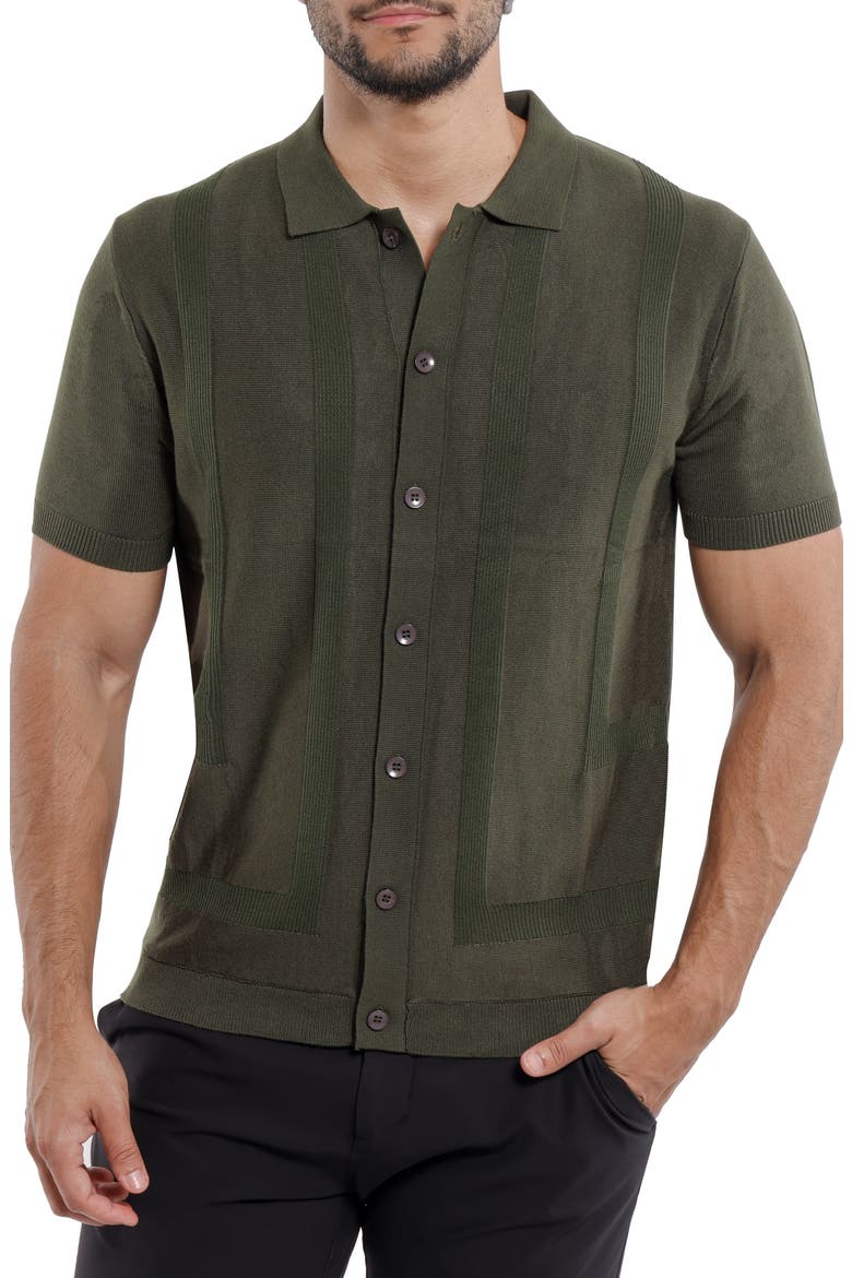 Textured Short Sleeve Button-Up Sweater, Main, color, OLIVE