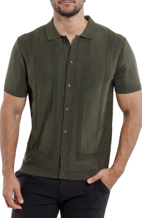 Textured Short Sleeve Button-Up Sweater