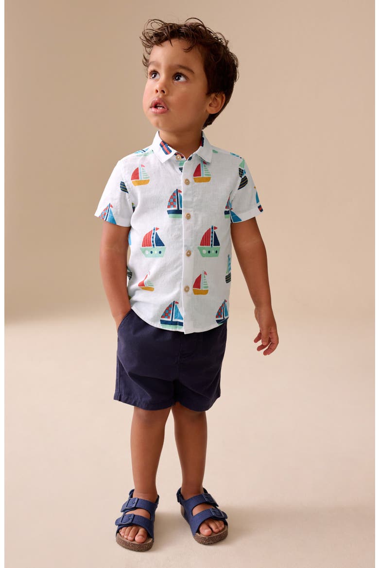 Kids' Sailboat Print Short Sleeve Button-Up Shirt, Alternate, color, WHITE