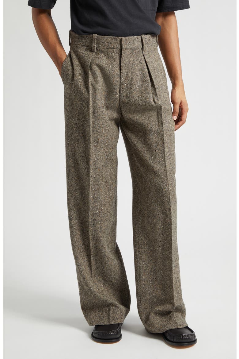 Pleated Straight Leg Wool Donegal Tweed Trousers, Main, color, BLACK/ BEIGE