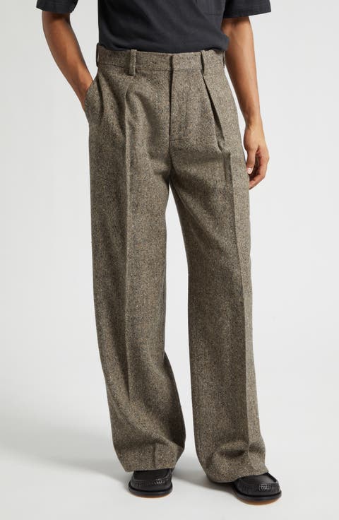 Pleated Straight Leg Wool Donegal Tweed Trousers