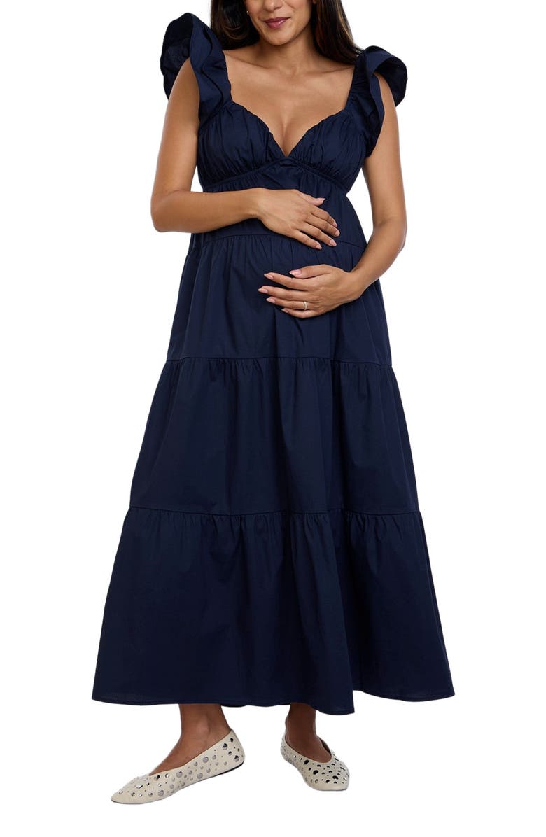 MOTHERHOOD MATERNITY Ruffle Sleeve Tie-Back Maternity Maxi Dress, Main, color, Navy Blazer