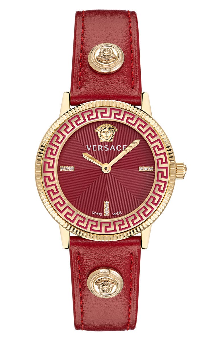 Versace Tribute Diamond Leather Strap Watch, 36mm, Main, color,
