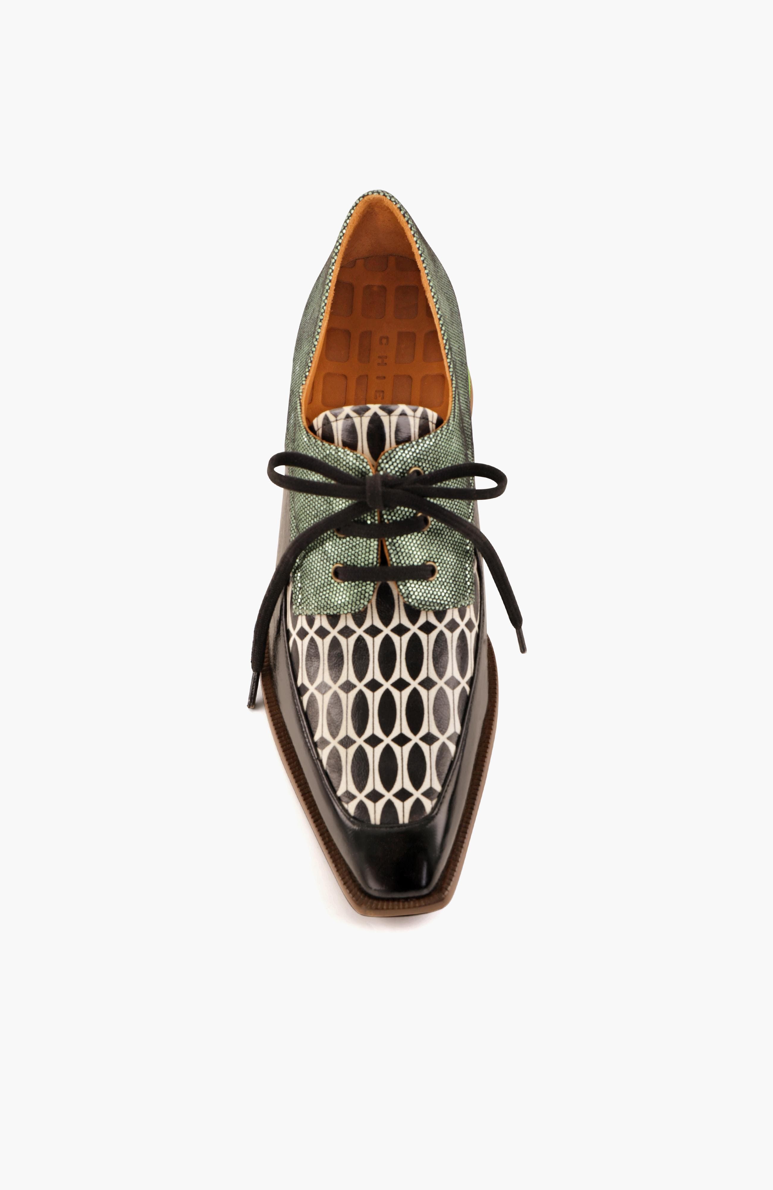 Geometric Print Patent Leather Lace-Up Pump, Alternate, color, Black and green