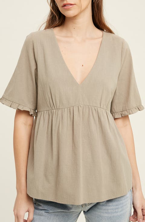 V-Neck Elbow-Length Sleeve Babydoll Top