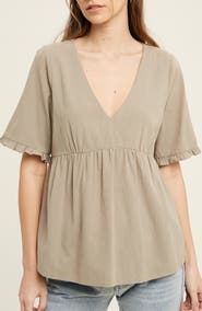 WISHLIST V-Neck Elbow-Length Sleeve Babydoll Top
