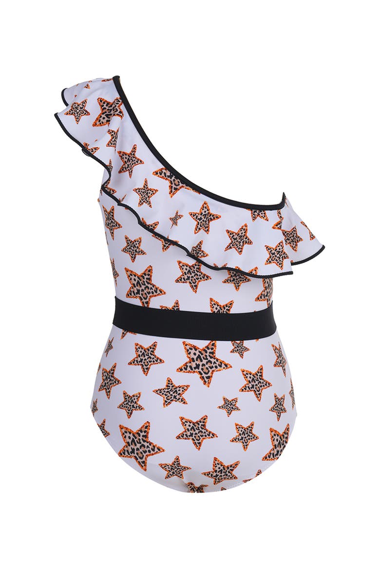 One-Shoulder Starry Safari Belted One-Piece Swimsuit, Alternate, color, White