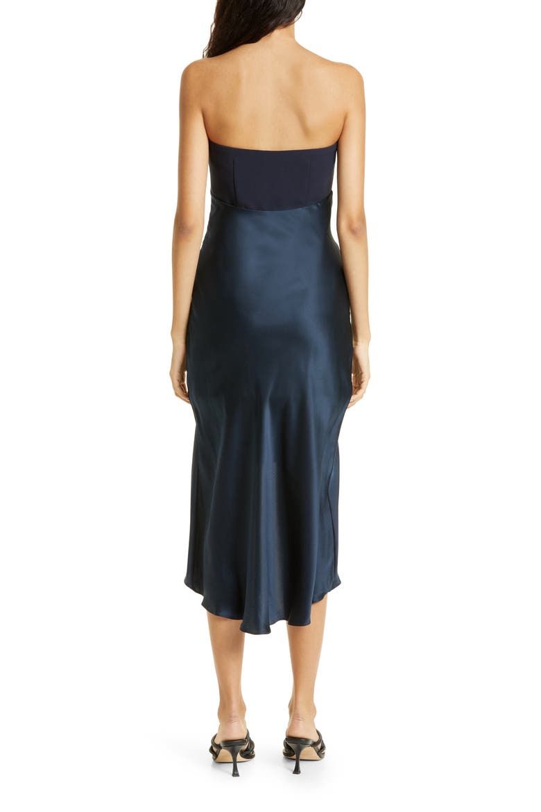 Georgiana Strapless Mixed Media Satin Cocktail Dress, Alternate, color, NAVY