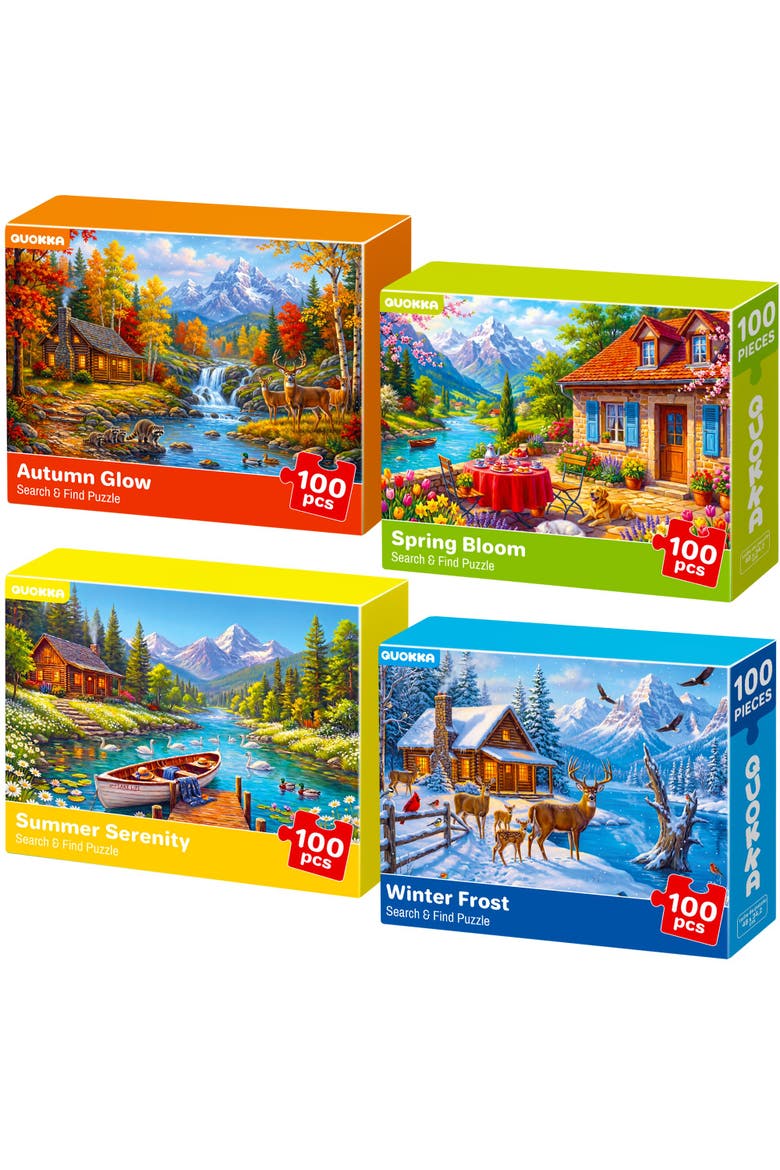 100 Piece Jigsaw Puzzles for Adults & Seniors - 4 Pack Large Piece Puzzle Set, Main, color, Seasons