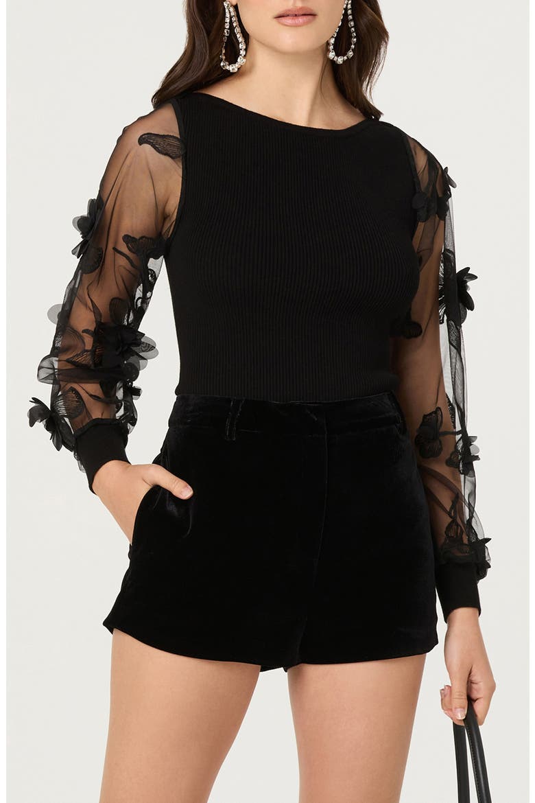 Meagan Floral Appliqué Sheer Sweater, Main, color, BLACK