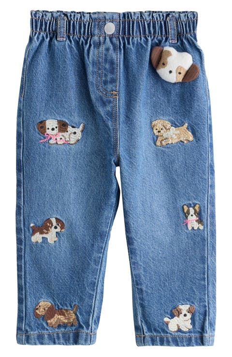 Kids' Dog Embroidered Wide Leg Jeans