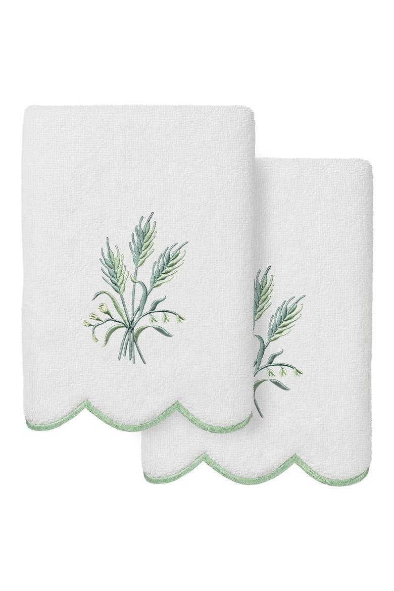 Whitney Scallop Set of 2 Turkish Cotton Hand Towels, Main, color, WHITE/ GREEN